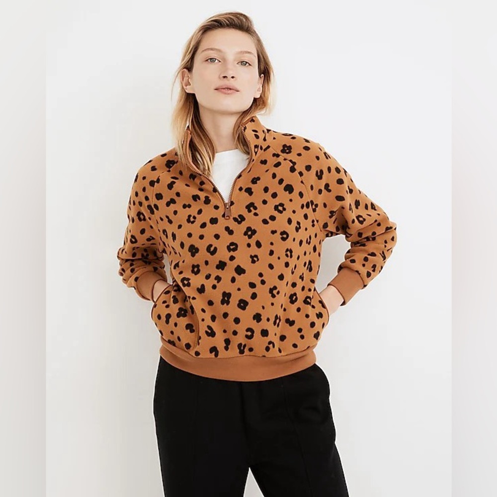 Madewell Small MWL Betterfleece Half Zip Sweatshirt in Cheetah Print